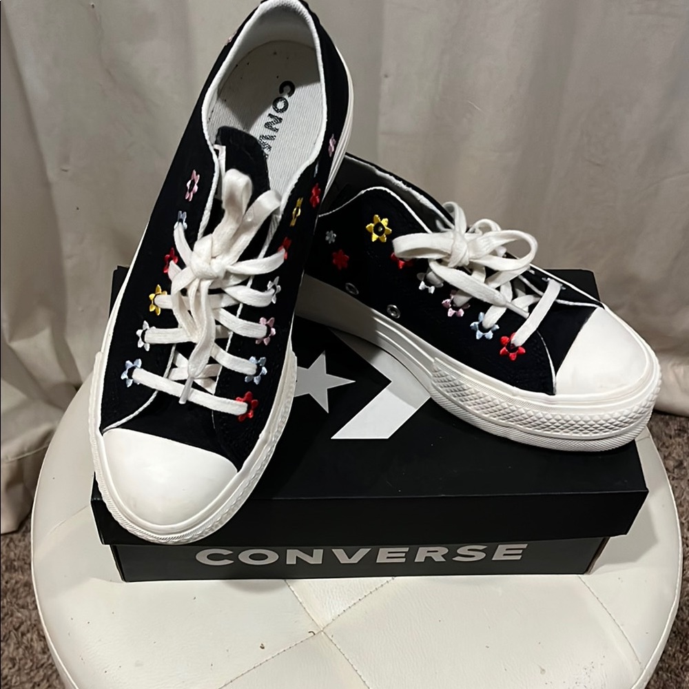 Converse Black Sneakers with Multicolor Floral Embroidery